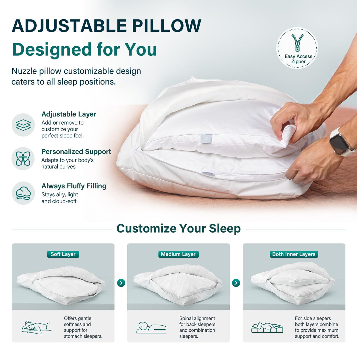 Nuzzle Pillow Standard Adjustable Neck Pillow,Soft Luxury Hotel Feel | Bed Pillows Standard with Adjustable Height & Firm Feel for Side, Back and Stomach Sleepers–Gift for Women & Men