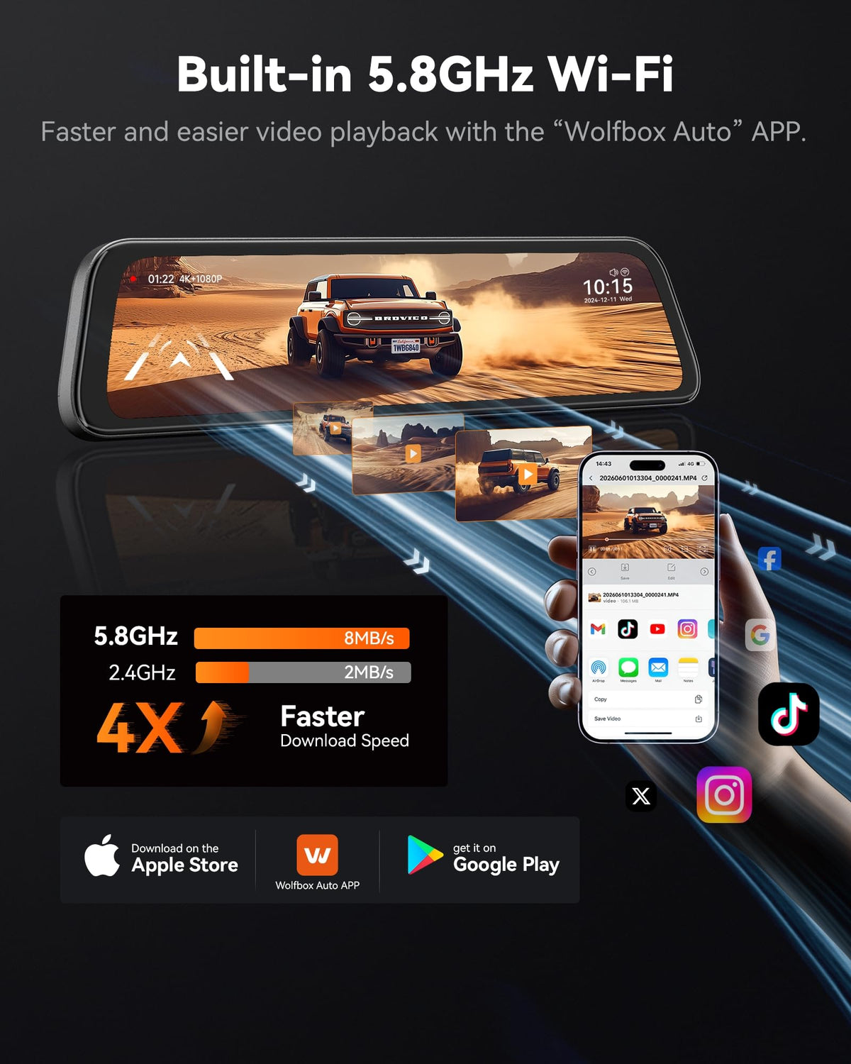 WOLFBOX G840S 12" 4K Mirror Dash Cam Backup Camera with 32GB Card and GPS | 5.8GHz WiFi Smart Rearview Mirror for Cars & Trucks, Front and Rear View Dual Cameras, Night Vision, Parking Assistance