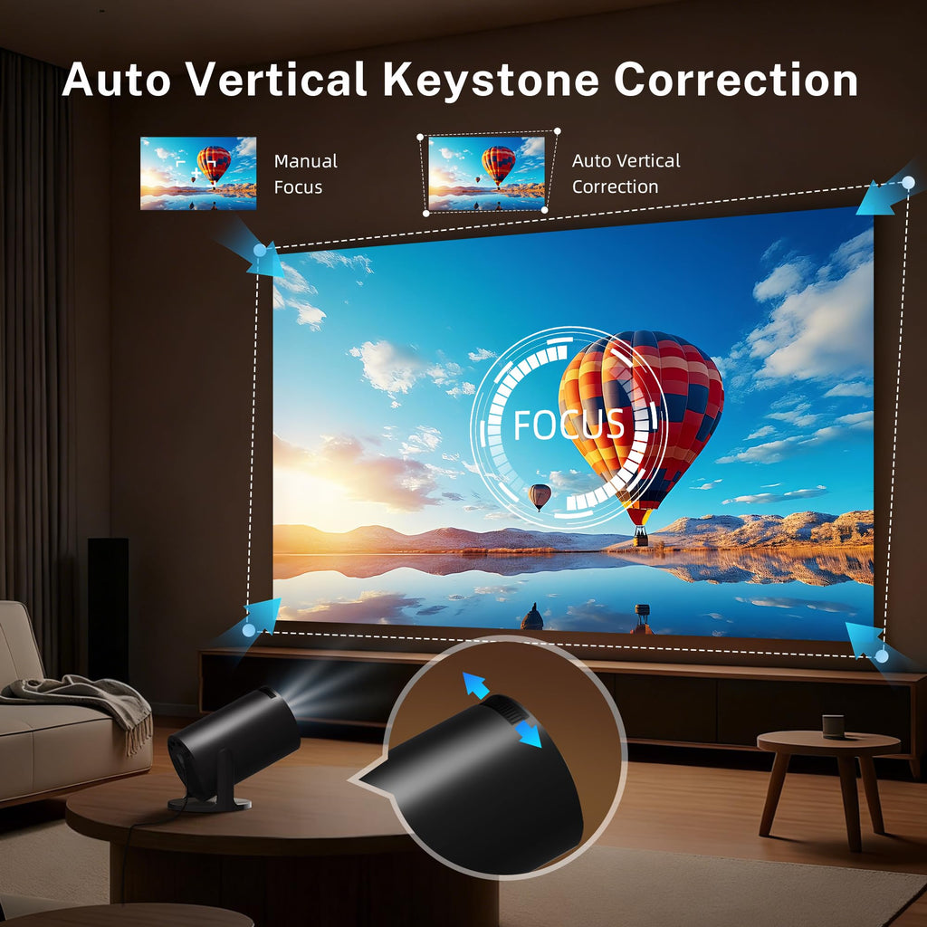 [Built-in Apps] Mini Projector 4K Supported, Android TV OS & Phone Remote | Projector with WiFi 6 & Bluetooth 5.4, Short Throw, Auto Keystone and 180° Rotation for Bedroom, Home Cinema and Outdoor Use