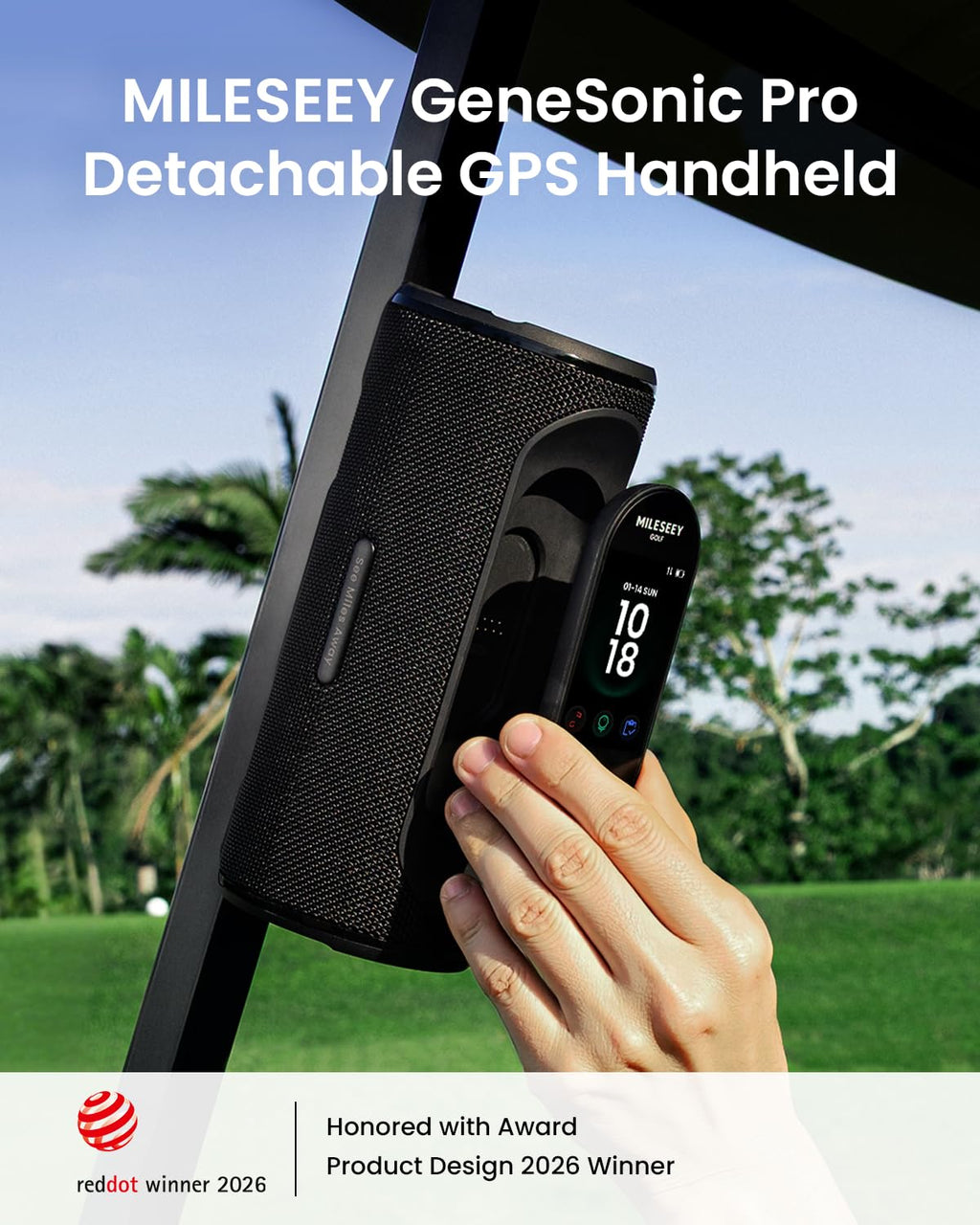 MILESEEY GeneSonic Pro Golf GPS Speaker with 43K+ Courses No-Subscription | Detachable GPS Handheld Rangefinder, MagLock, Color Touchscreen, Visual & Audible Yards, Layup/FCB/Hazard, 15H Battery, IP67