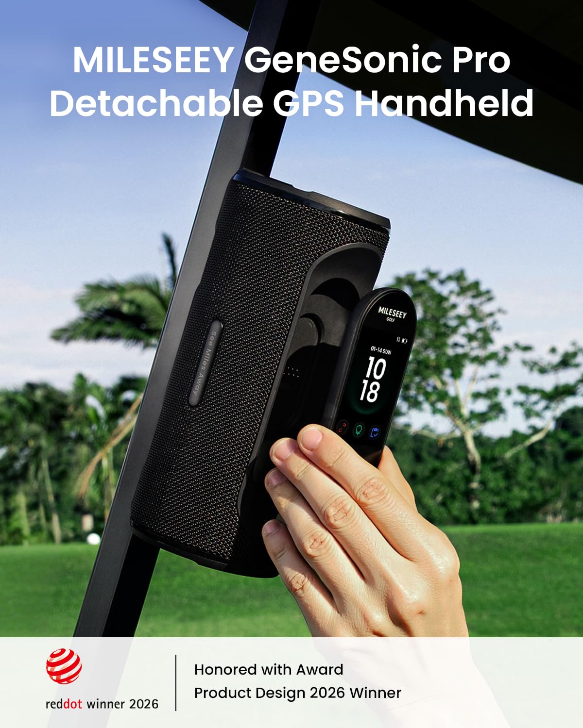 MILESEEY GeneSonic Pro Golf GPS Speaker with 43K+ Courses No-Subscription | Detachable GPS Handheld Rangefinder, MagLock, Color Touchscreen, Visual & Audible Yards, Layup/FCB/Hazard, 15H Battery, IP67