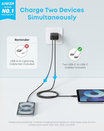 Anker Phone Charger, 20W USB C Charger Block, Type C Charger Fast Charging | For iPhone 18 Pro/17/17 Plus/17 Pro Max/16/16 Plus/16 Pro Max/15 Pro Max/iPad Pro and More (2-Pack with 2 Cables, Black)