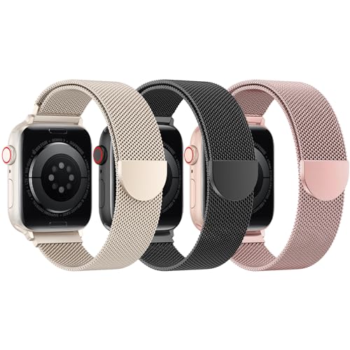 3 Pack Mesh Loop Compatible with Apple Watch Bands for Women Men | 40mm 41mm 38mm 42mm Metal Magnetic Integrated Strap for iWatch Series 12 11 10 9 8 7 6 5 4 SE3 2 1, Fit Daily, Work & Parties