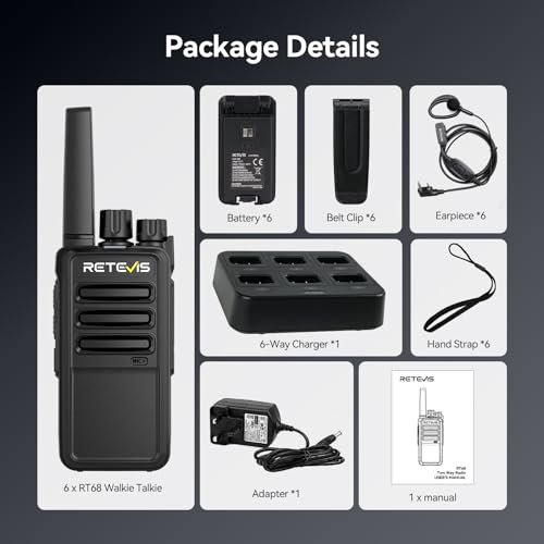 Retevis RT68 Business FRS Walkie Talkies Long Range with Earpieces 6 Pack | Rugged & Compact, License-Free, Powerful 500mW Speaker, 12-Hour Battery, Long-Term Supply, for Schools, Retail & Hospitality