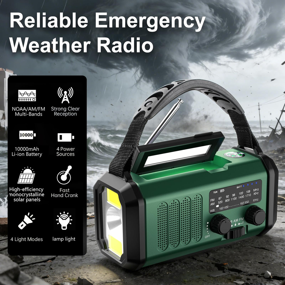 Leaton Hand Crank Emergency Radio, NOAA Weather Radio AM/FM,10000mAh | Solar charging, Rechargeable Battery Powered, USB-C Charger, Flashlight, SOS Alarm, for Camping Survival Emergencies