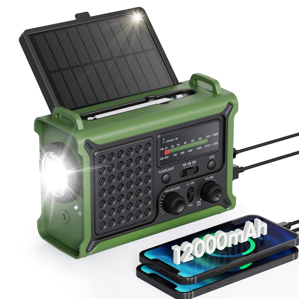 Emergency Weather Radio with Large Solar Panel, Real 12000mAh Battery | Efficient Hand Crank, AM/FM/NOAA Bands, LED Flashlight, Reading Lamp, SOS Alarm & Phone Charger for Camping & Emergencies
