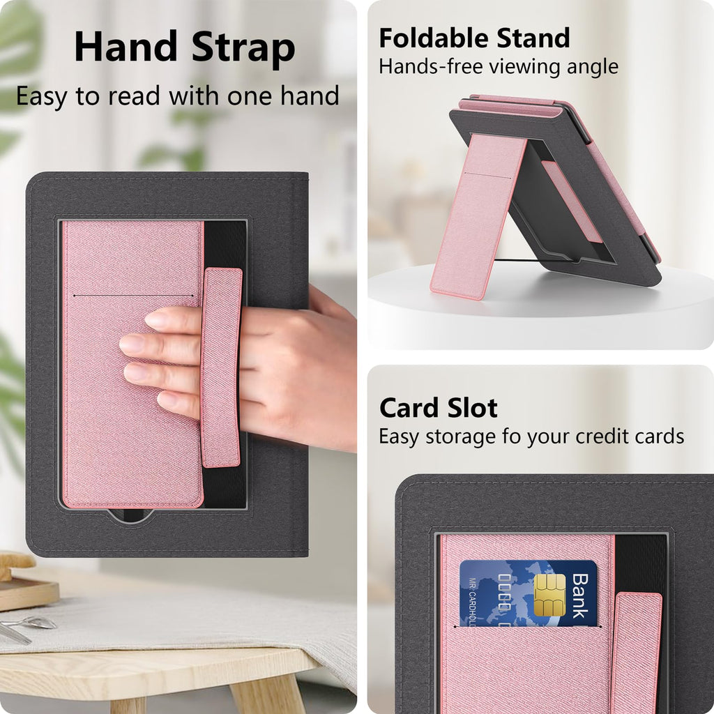 Case for Kindle Paperwhite 7"/6.8" (13th/12th Generation, 2026/2024), Pink | Lainergie Slim High Quality PU Leather Kindle Colorsoft Signature Edition 2024 Case With Stand, Hand Strap, Auto-Wake/Sleep