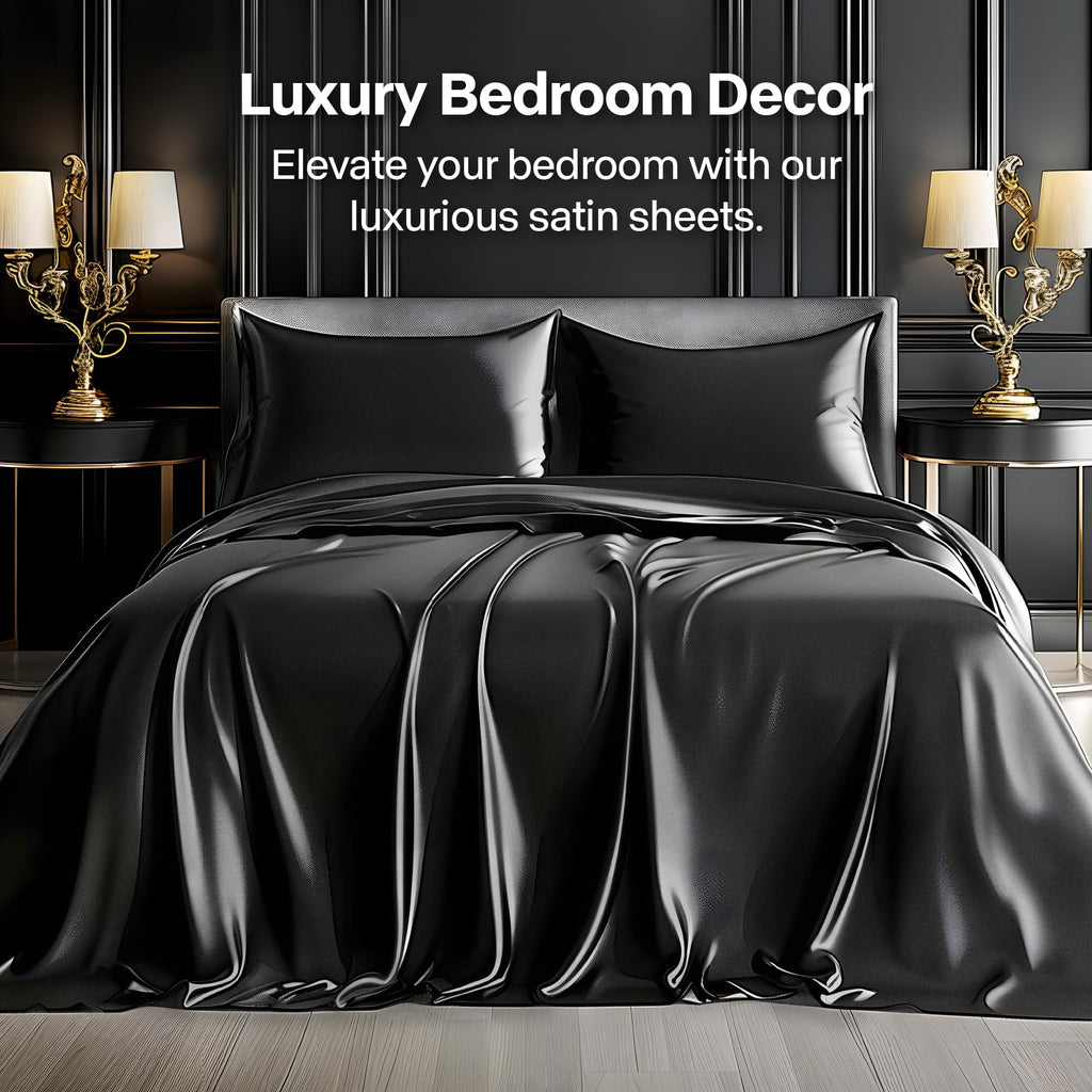 BEDELITE Satin Sheets Queen Size Bed Set, Black, 4 Pieces | Luxury Silky Bed Sheets, 15 Inch Deep Pocket, Similar to Silk, Soft and Cooling, Reduces Friction, Gentle on Hair and Skin