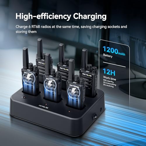 Retevis RT68 Business FRS Walkie Talkies Long Range with Earpieces 6 Pack | Rugged & Compact, License-Free, Powerful 500mW Speaker, 12-Hour Battery, Long-Term Supply, for Schools, Retail & Hospitality