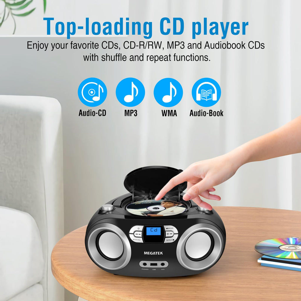 MEGATEK Portable CD Player Boombox with Bluetooth & FM Radio – Black | USB Playback, Clear Stereo Sound, AUX Input, Headphone Jack, CD-R/RW & MP3-CD Support, LCD Display, AC/Battery Powered