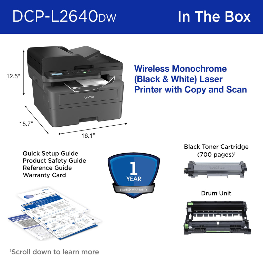 Brother DCP-L2640DW Wireless Compact Monochrome Multi-Function Printer, Copy, Scan, Duplex, Mobile Printing