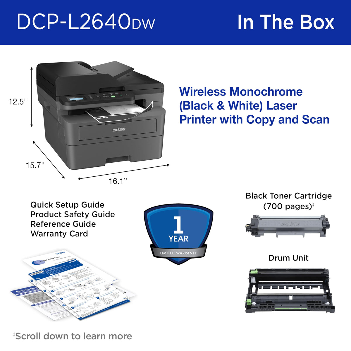 Brother DCP-L2640DW Wireless Compact Monochrome Multi-Function Printer, Copy, Scan, Duplex, Mobile Printing