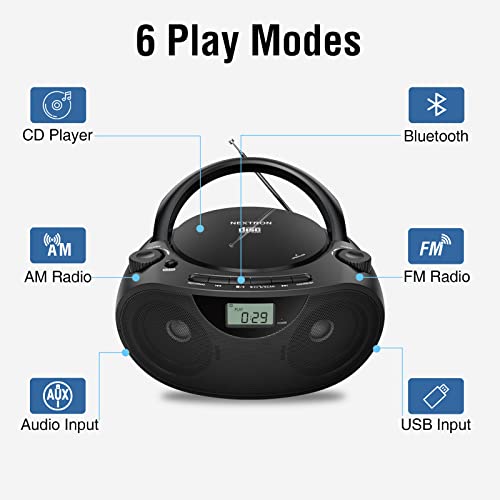 Nextron Portable CD Player Boombox with Bluetooth, AM/FM Radio & USB | CD-R/RW, MP3-CD & USB Playback, Stereo Sound, Bass Boost, AUX Input, Headphone Jack, LCD Display, AC/Battery Powered - Black