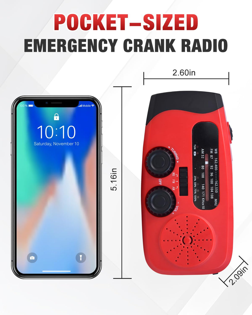 Emgykit Hand Crank Radio with AM/FM/NOAA Weather Band,for Emergencies | 3 LED Flashlights,SOS Function,Solar Powered,Hand Cranked, 2000mAh/7400mWh Charger,for Power Outage - Red