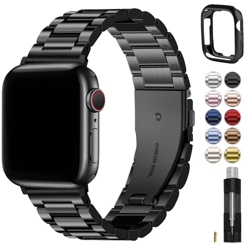 Fullmosa Metal Band with Case for Apple Watch 45/44/42/46/49/41/40/38mm | Fits iWatch Series 11 10 9 8 7 6 5 4 SE 3 2 1, Ultra4/3/2/1,Stainless Steel Strap for Men Women Professional Office Black