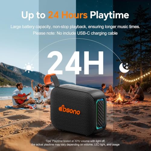 Portable Bluetooth Speaker Line-in Support: IPX5 Waterproof, Black | Up to 24H Playtime, HD Sound, TWS Pairing, LED Light, Outdoor Speaker for Beach, Pool, Travel, School Supplies for Adult Teen