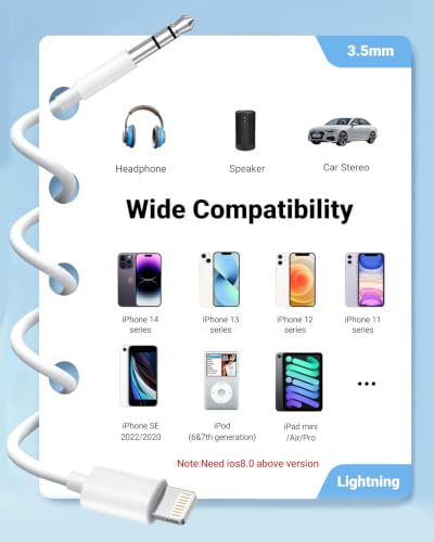 Aux Cord for iPhone,[Apple MFi Certified] Lightning to 3.5 mm AUX Cable for Car Stereo, Speaker, Headphone, Auxiliary Audio Cable Compatible with iPhone 14 13 12 11 XS XR X 8 7 3.3FT White