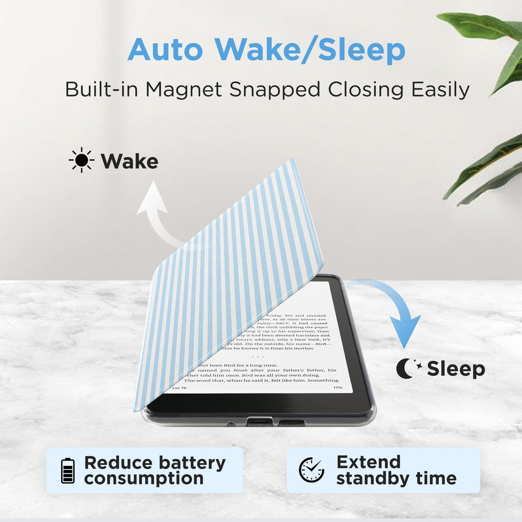 Vane Oak Clear Case for 7'' Kindle Paperwhite 12th Gen 2024 & Colorsoft | Auto Wake/Sleep, Clear PC Case, Soft TPU Edge, Lightweight, For Bookish Travelers, Elegant Print, Blue & White Stripes