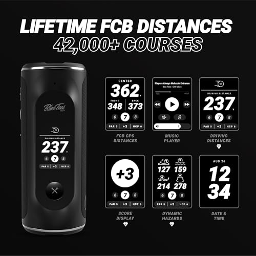 Blue Tees Golf Player+ AI-Powered GPS Speaker - Touchscreen Display, 10+ Hour Battery, 40,000+ Courses, Visual & Audible Distances, Hazard Detection, IPX7 Waterproof (Navy)