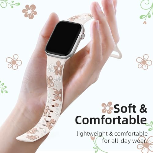Witzon Floral Silicone Band Compatible with Apple Watch Bands For Women | 40mm 41mm 38mm 42mm 44mm 45mm 46mm 49mm, Engraved Cute Dressy Strap for iWatch Series 12 11 10 9 8 7 6 5 SE Ultra 4 3 2 1