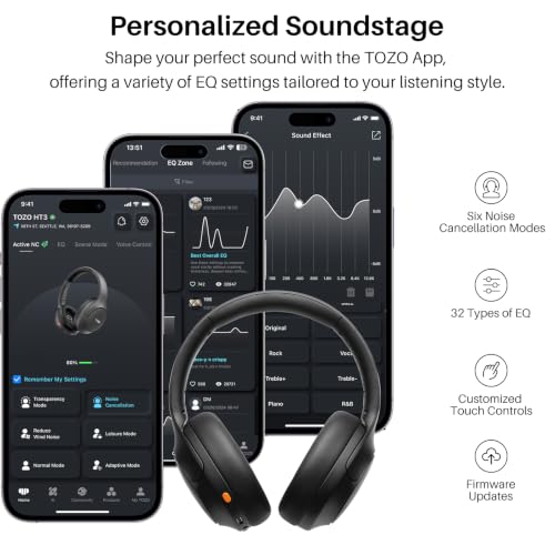TOZO HT3 Hybrid Noise Cancelling Wireless Headphones, 90H Over Ear Headset | Hi Res Audio, AI Voice Assistant, Dual Device Connection, 32 Custom EQs, Built In 5 Mics, ANC, Foldable, Bluetooth 6.0 Black