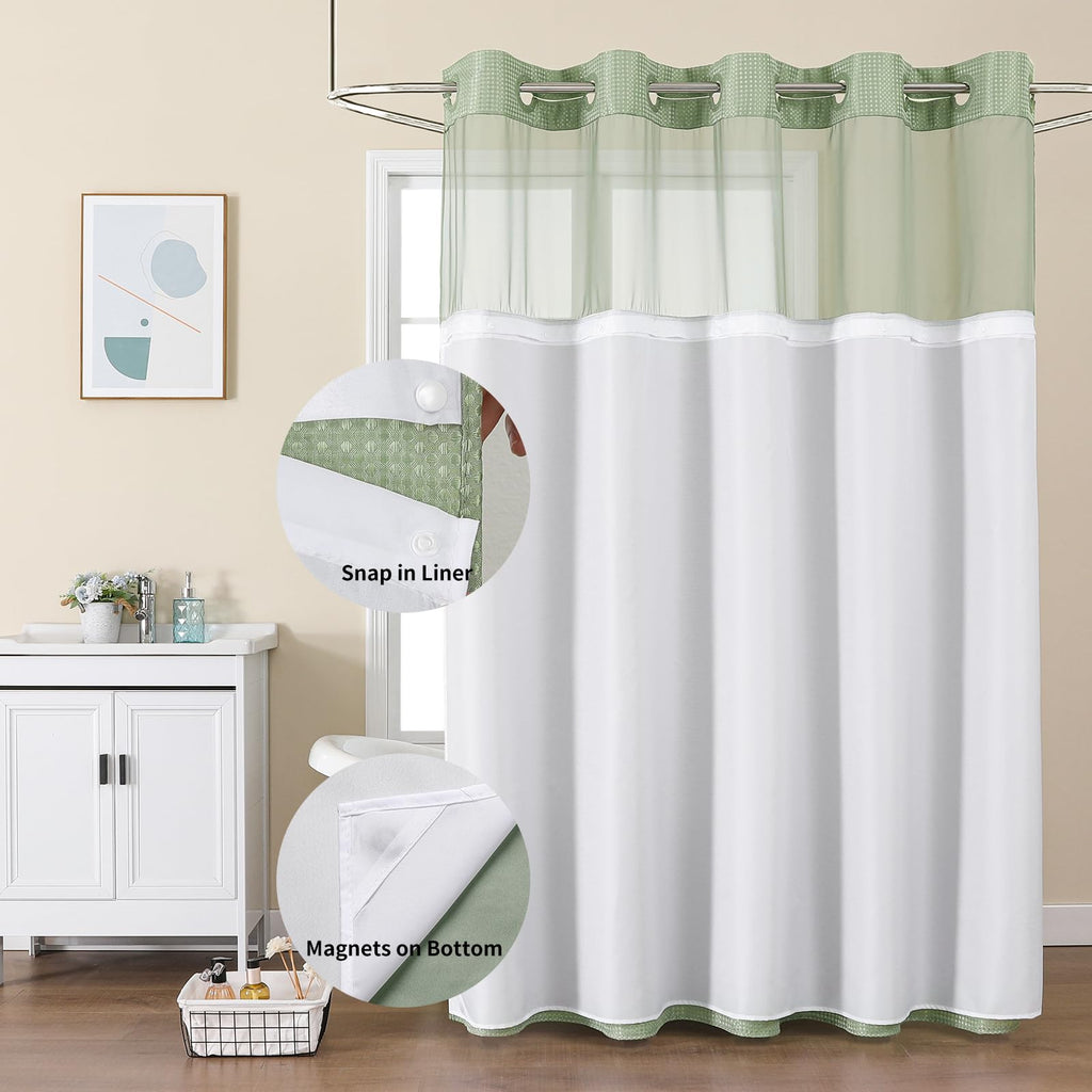 Colorful Star Sage Green No Hook Waffle Shower Curtain Set, 72 x 75 Inch | Waterproof Shower Curtain with Snap in Fabric Liner and Mesh Top Window, Hotel Style Heavy Duty Thick Bathroom Curtain