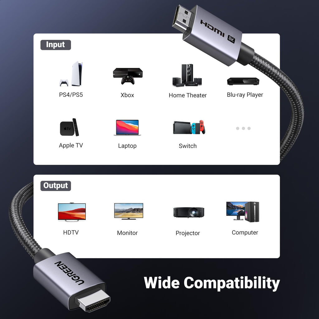 UGREEN 8K HDMI 2.1 Cable 48Gbps 6.6FT, Certified Ultra High Speed HDMI Cord | Aluminum, 4K@240Hz 120Hz 10K 8K@60Hz, HDCP 2.2&2.3, eARC HDR 10 Dolby Compatible with PS5/Blu-ray/Roku TV/Switch 2/Mac mini