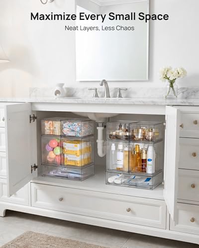 Vtopmart Clear Stackable Storage Drawers Set of 5, Plastic Organizer Bins | Multi-purpose Boxes for Baby Bottle Storage, Ideal for Kichen, Vanity, Bathroom, Undersink, Cabinet, Pantry Organization