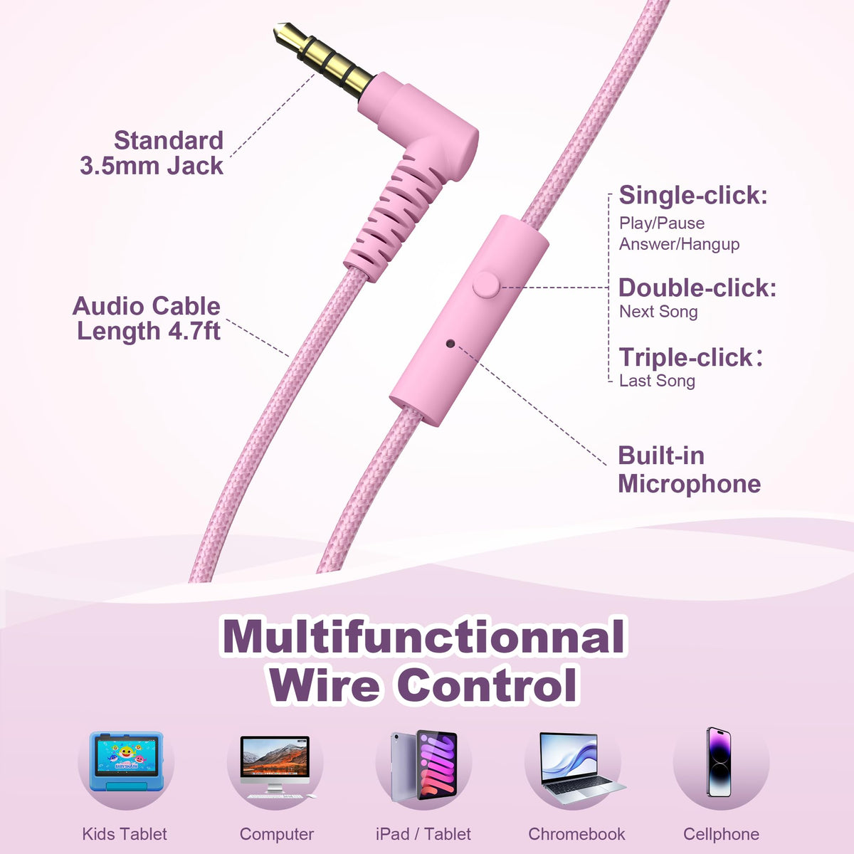 Kids Headphones for School with Microphone, 93dB Volume Limited, PinkPurple | Wired On Ear Headphones for Girls Boys, Foldable Lightweight Headphone for Classroom Learning & Entertainment Travel Computer