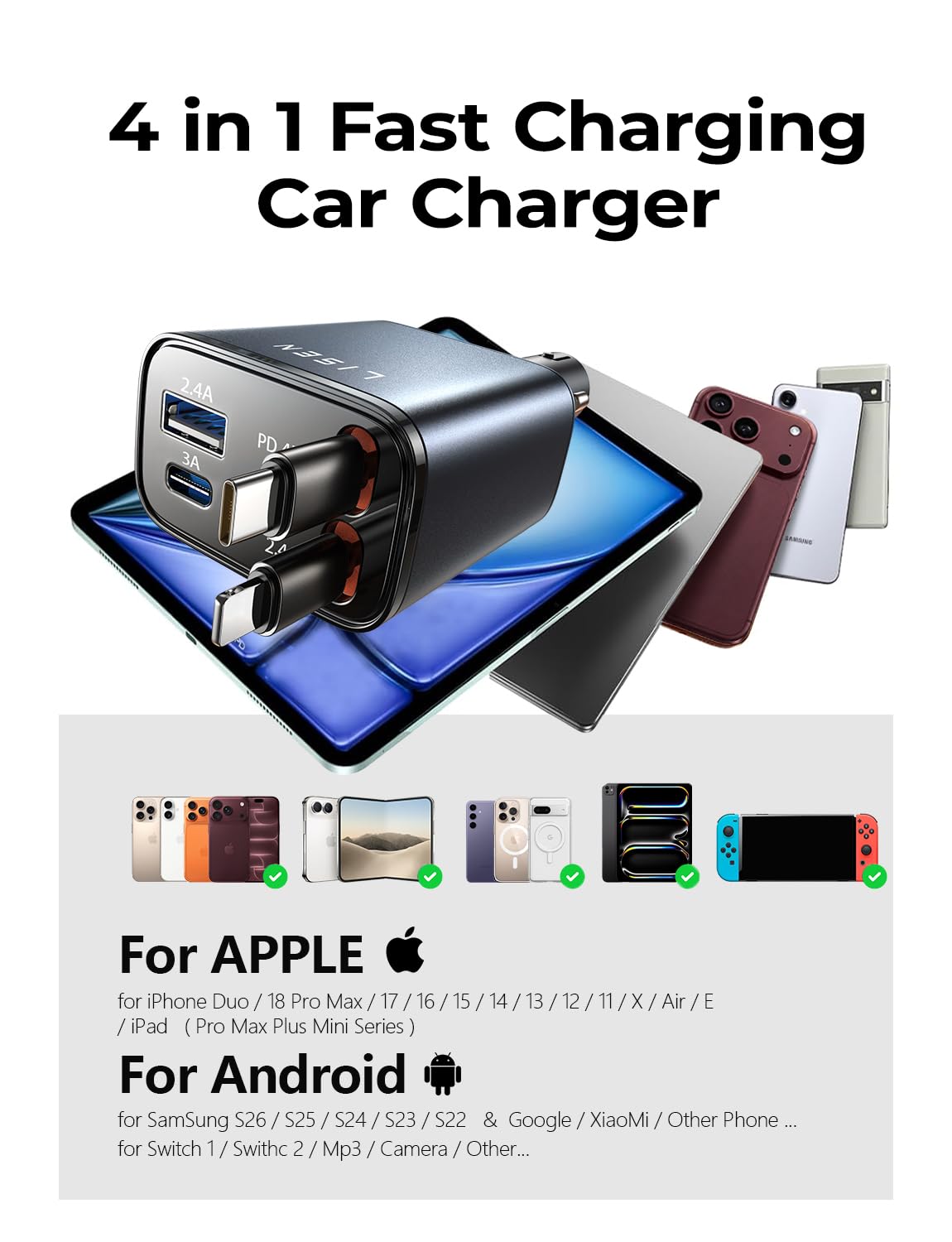 LISEN Retractable Car Charger, 84W Car Charger USB C Fast Charge, 4 in 1 | Cigarette Lighter Adapter, Car Accessories, for Christmas Day Gifts for Men Women Dad Mom, for iPhone 18 Pro Max 17 16 15 14