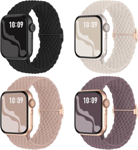 4 Pack Braided Stretchy Band Compatible with Apple Watch Bands Women Men | 40/41/38/42/44/45/46/49mm Breathable Nylon Elastic Daily Use Straps for iWatch Series 12 11 10 9 8 7 6 5 4 3 SE Ultra 4-1