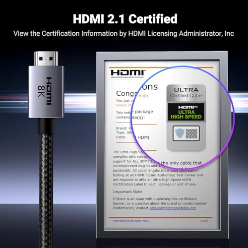 UGREEN 8K HDMI 2.1 Cable 48Gbps 6.6FT, Certified Ultra High Speed HDMI Cord | Aluminum, 4K@240Hz 120Hz 10K 8K@60Hz, HDCP 2.2&2.3, eARC HDR 10 Dolby Compatible with PS5/Blu-ray/Roku TV/Switch 2/Mac mini