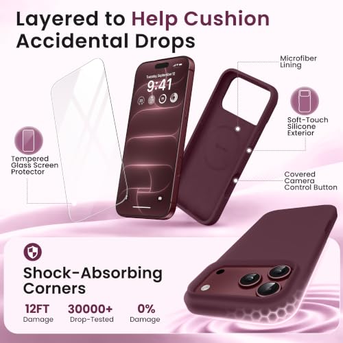 GONEZ for iPhone 18 Pro-Max Case/17 Pro Max Case, Compatible with MagSafe | Burgundy, Screen Protector, Full Camera Protection, Premium Silicone Cover Shockproof Drop Protection Slim Phone Case