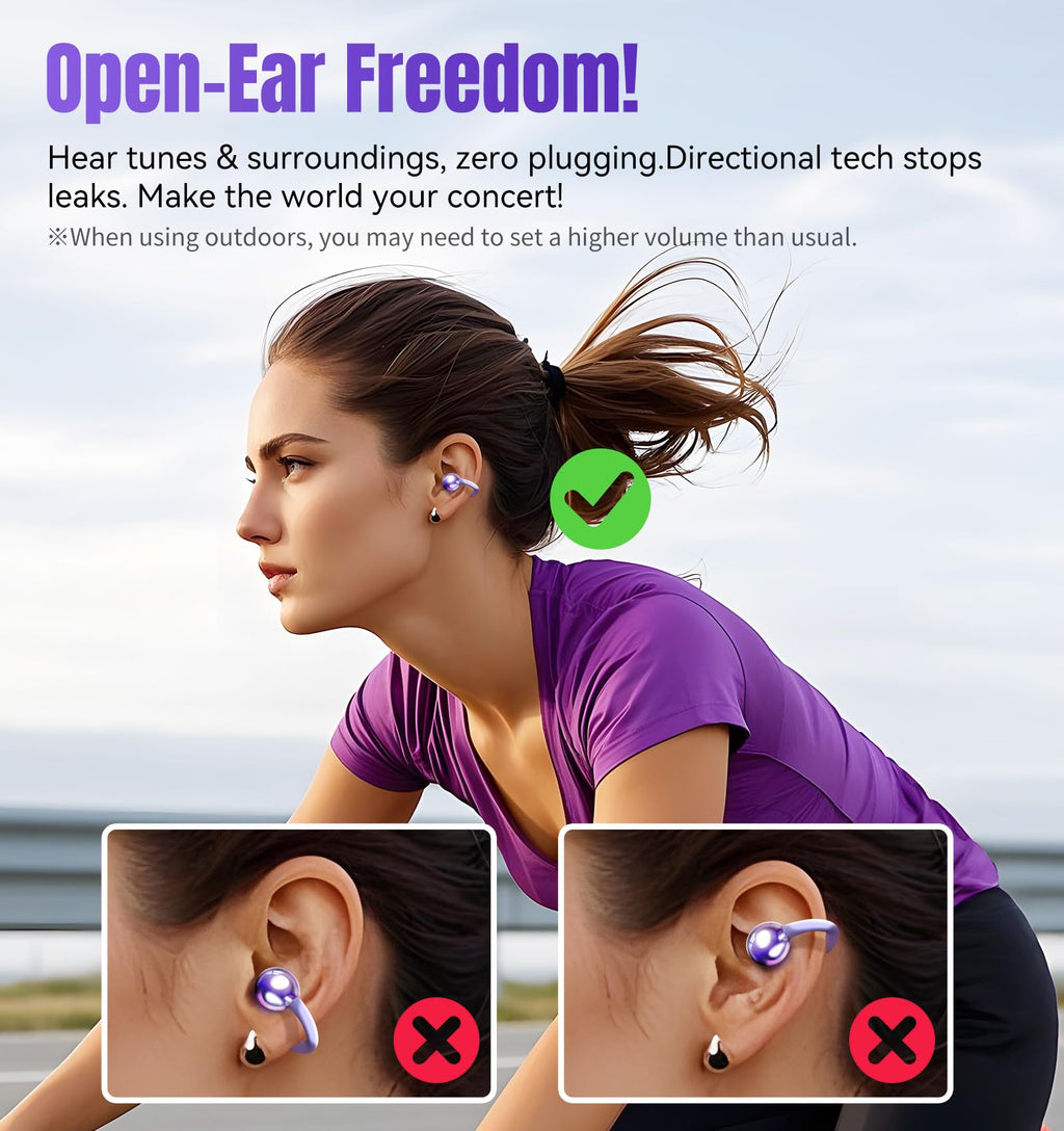 Kinglucky Clip-On Earbuds Gen 3, Open-Ear Wireless Bluetooth 6.0 Headphones with Mic, Secure Fit for Small Ears & Glasses Wearers, 50H Playtime, ENC, IPX5 Waterproof Sport Ear Buds (Purple)