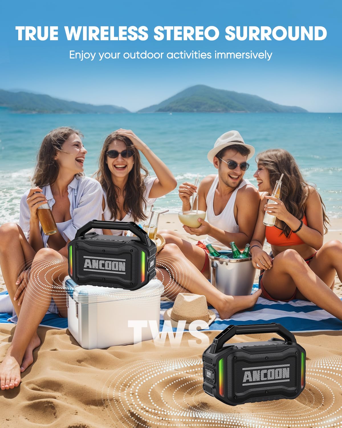ANCOON Speakers Bluetooth Wireless: 80W(Peak) Loud Speaker with Bass | 20H, Rugged, IPX6 Waterproof, Large Jobsite Speakers for Work, Outdoor, Workshop, Garage - Portable Handle with TWS (Black)
