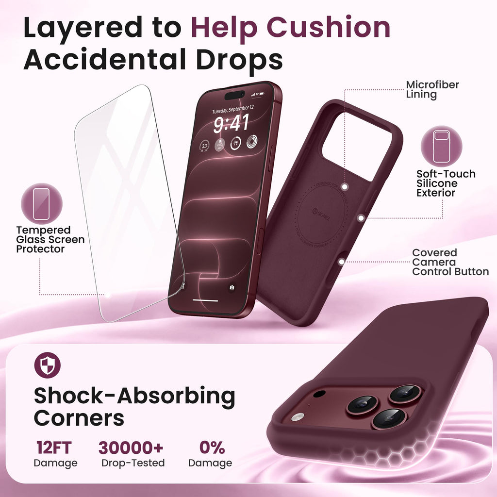 GONEZ for iPhone 18 Pro-Max Case/17 Pro Max Case, Compatible with MagSafe | Burgundy, Screen Protector, Full Camera Protection, Premium Silicone Cover Shockproof Drop Protection Slim Phone Case