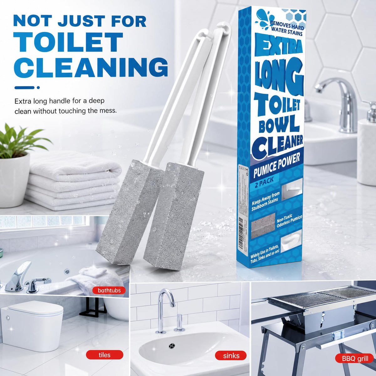 2 Pack Pumice Stone for Toilet Cleaning, Extra Long Handle for Removing Bowl Ring, Pool, Bathroom, Toilet Brush