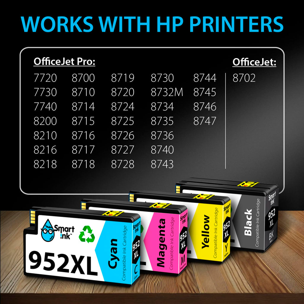 Smart Ink Compatible Ink Cartridges Replacement for HP 952XL 952 XL 4 Combo Pack (Black, Cyan/Magenta/Yellow) to use with HP OfficeJet Pro 8710 7740 8720 8715 8210 8703 OfficeJet 8702 Printers