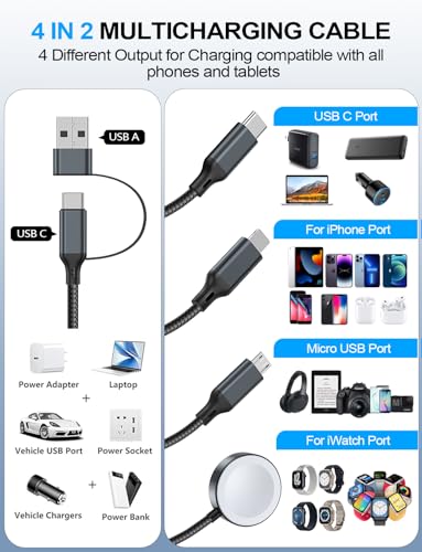 4-in-2 Multi Charging Cable for Apple Watch Charger/iPhone/Samsung Charger | Travel Essentials,Type C/Lightning/iWatch/Micro Charging Power Cable for Galaxy/iPhone/iWatch Ultra/12-2/Airpods[1.2M]