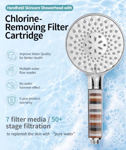 SR SUN RISE Filtered Shower Head with Handheld High Pressure 9 Spray Mode Showerhead Detachable Shower Head Water Softener Filters Beads for Hard Water Remove Chlorine 1 Filter Bright Silver