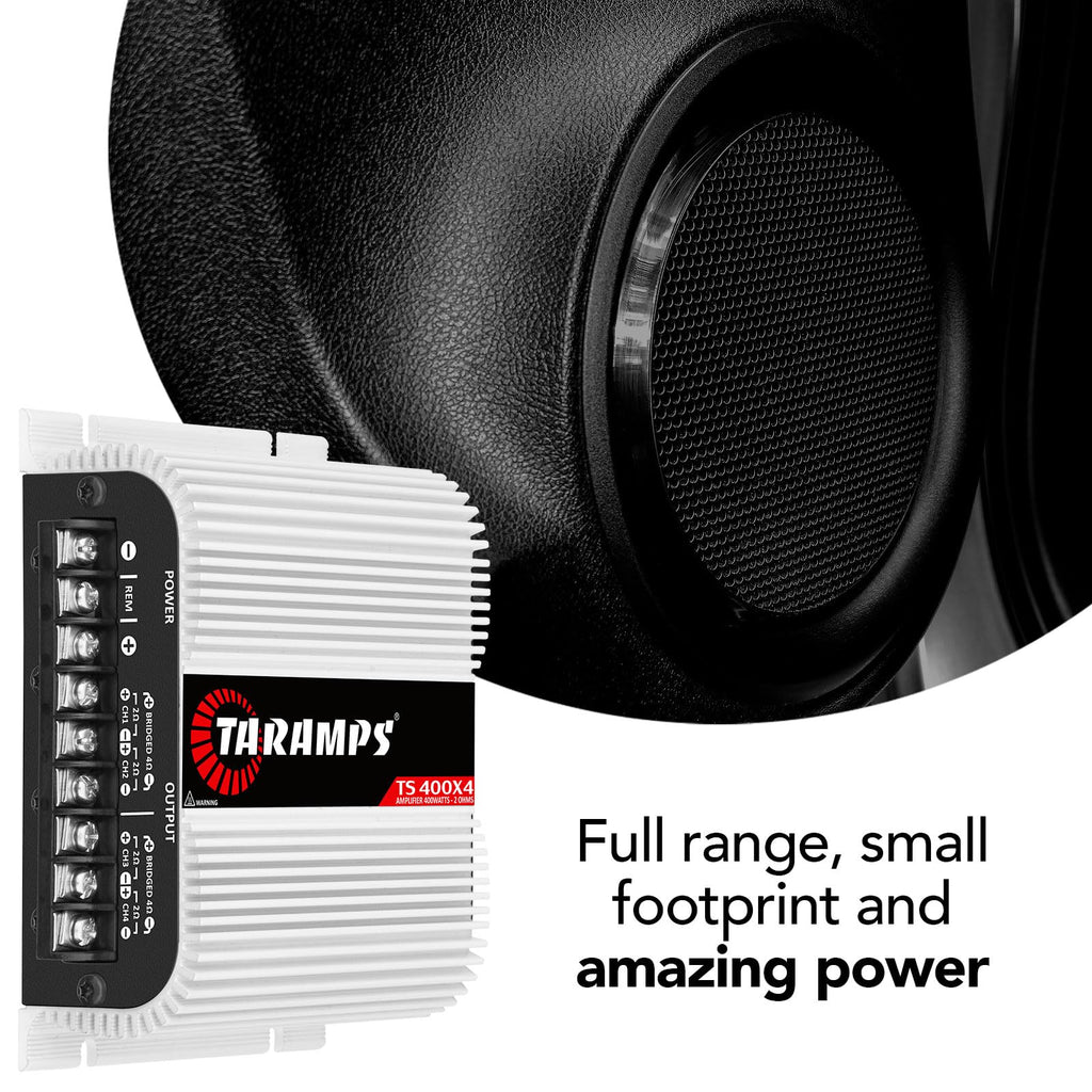 Taramps TS 400x4 400 watts RMS 4 Channels Full Range Car Audio Amplifier, 2 Bridged Channels, RCA Input Class D, Output Power, Multichannel Amplifier System, Small - TS400X4