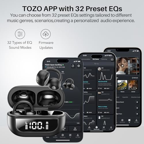 TOZO OpenEarRing Open Ear Earbuds 40H Bluetooth 5.4 Lightweight Comfort | Open Ear Clip On Wireless Earbuds with Smart Digital LED Display, Stable Connection, Secure Fit for Driving Workout Black