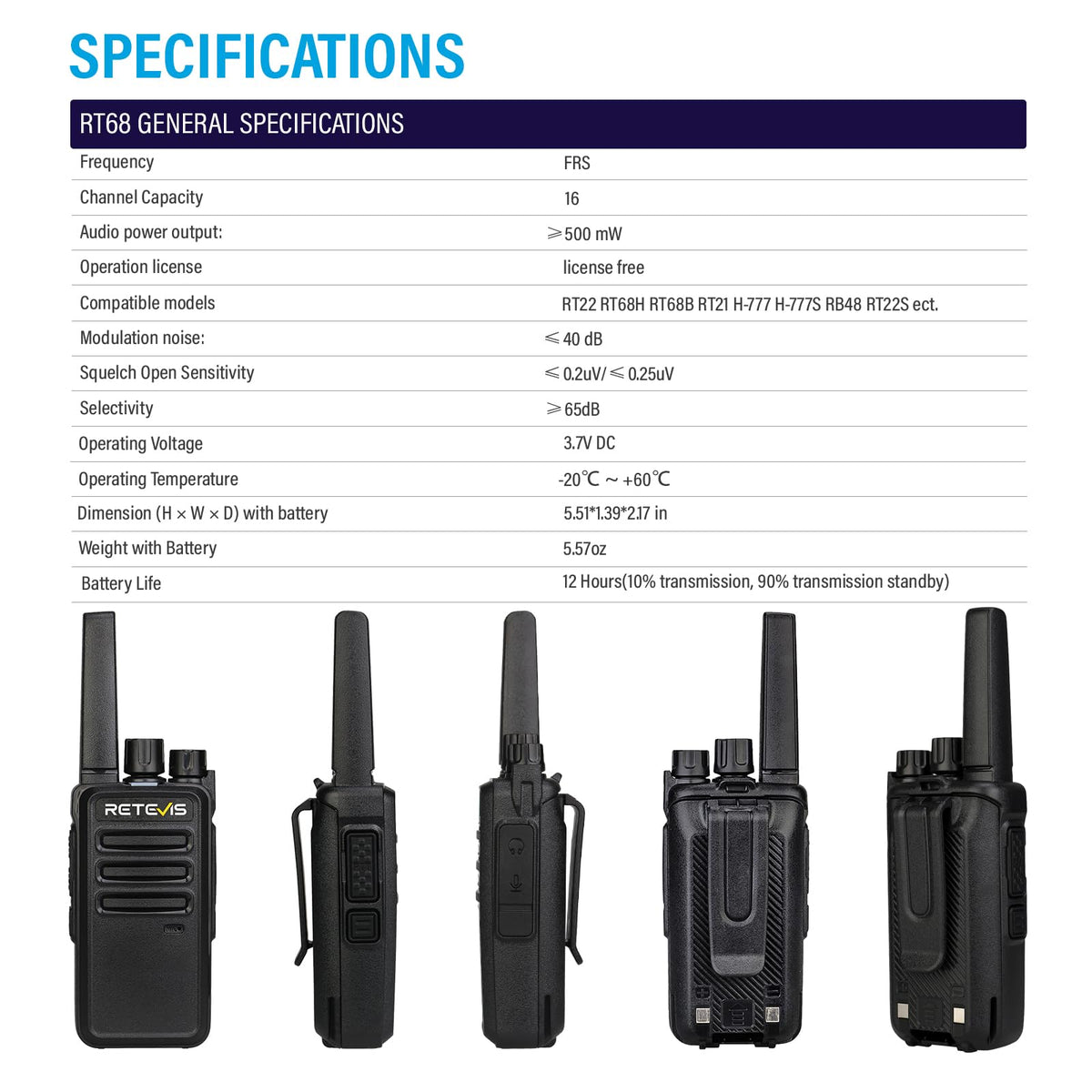 Retevis RT68 Business FRS Walkie Talkies Long Range with Earpieces 6 Pack | Rugged & Compact, License-Free, Powerful 500mW Speaker, 12-Hour Battery, Long-Term Supply, for Schools, Retail & Hospitality
