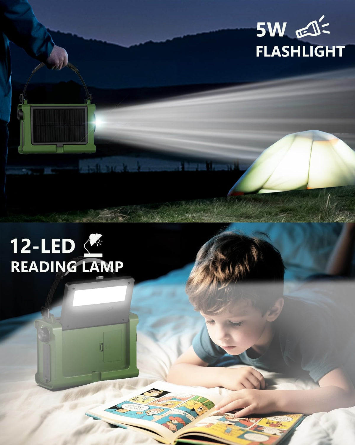 Emergency Weather Radio with Large Solar Panel, Real 12000mAh Battery | Efficient Hand Crank, AM/FM/NOAA Bands, LED Flashlight, Reading Lamp, SOS Alarm & Phone Charger for Camping & Emergencies