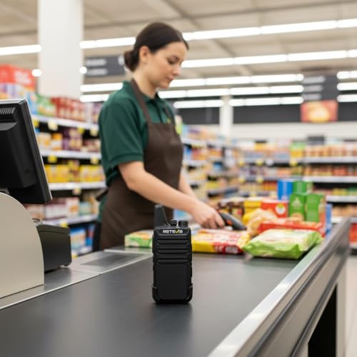 Retevis RT22 Commercial FRS Walkie Talkies Rechargeable Long Range (6 Pack) | Slim & Lightweight 2 Way Radio, For K-12 & Retail, Comfortable for All-Day Wear, Loud & Clear Audio, Charge 6 Radios At Once