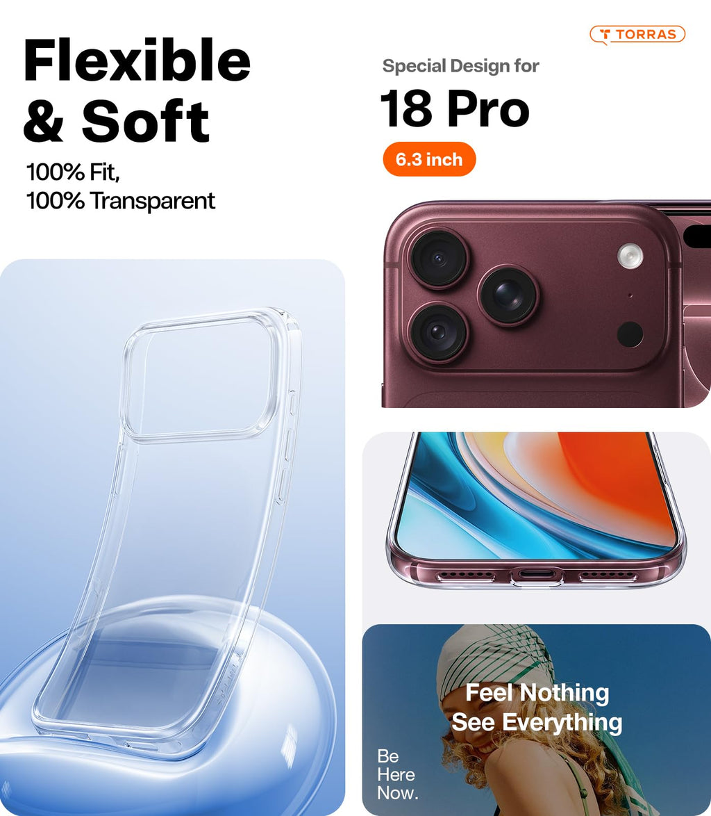 TORRAS for iPhone 18 Pro Case Crystal Clear, Upgraded Anti-Yellowing, 6.3'' | 2026 Upgraded Non-Yellowing, Military-Grade Protection, Ultra-Slim Soft Bumper Case for iPhone 18 Pro Phone Case Anti-Scratch