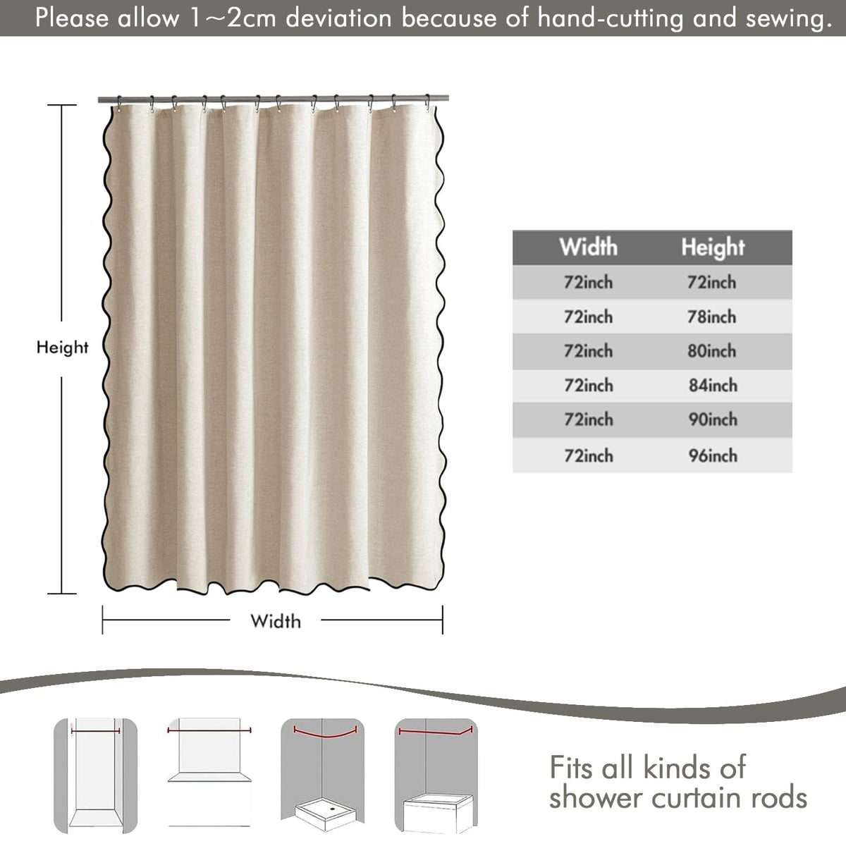 MIULEE Beige Scalloped Shower Curtain Linen Textured with 12 Metal Hooks Cute Heavy Duty Washable Waterproof Neutral Thick Cloth Shower Curtains with Black Border for Bathroom Bathtub,W72*L72 Cream