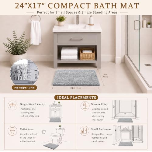Yimobra Bathroom Rugs Non Slip Washable, Ultra Soft and Water Absorbent Bath Mats, Fluffy Shower Mat Outside, Plush Matts for Bathroom Floor/Sink, 24X17, Home Decor Accessories, Light Gray and White