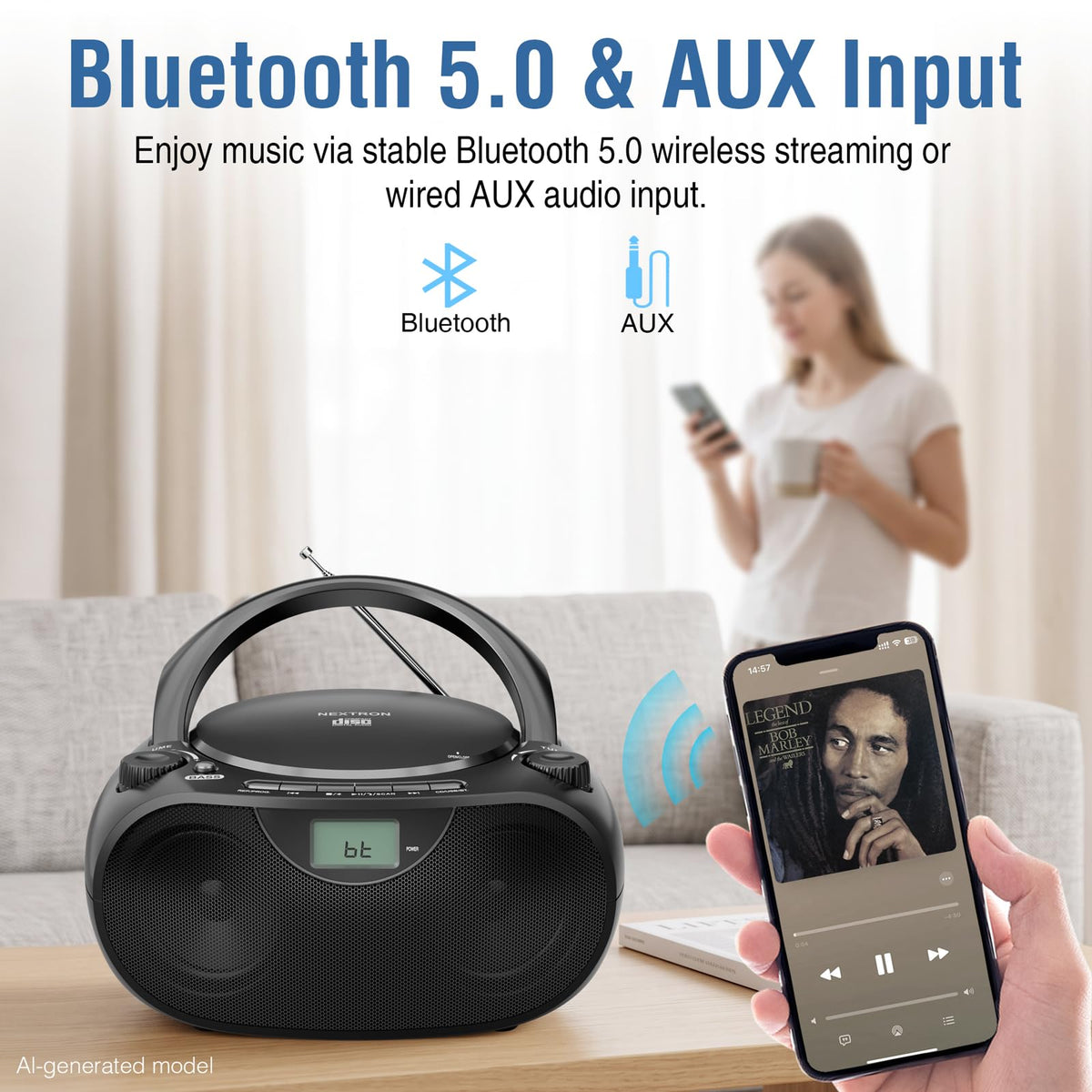 Nextron Portable CD Player Boombox with Bluetooth, AM/FM Radio & USB | CD-R/RW, MP3-CD & USB Playback, Stereo Sound, Bass Boost, AUX Input, Headphone Jack, LCD Display, AC/Battery Powered - Black