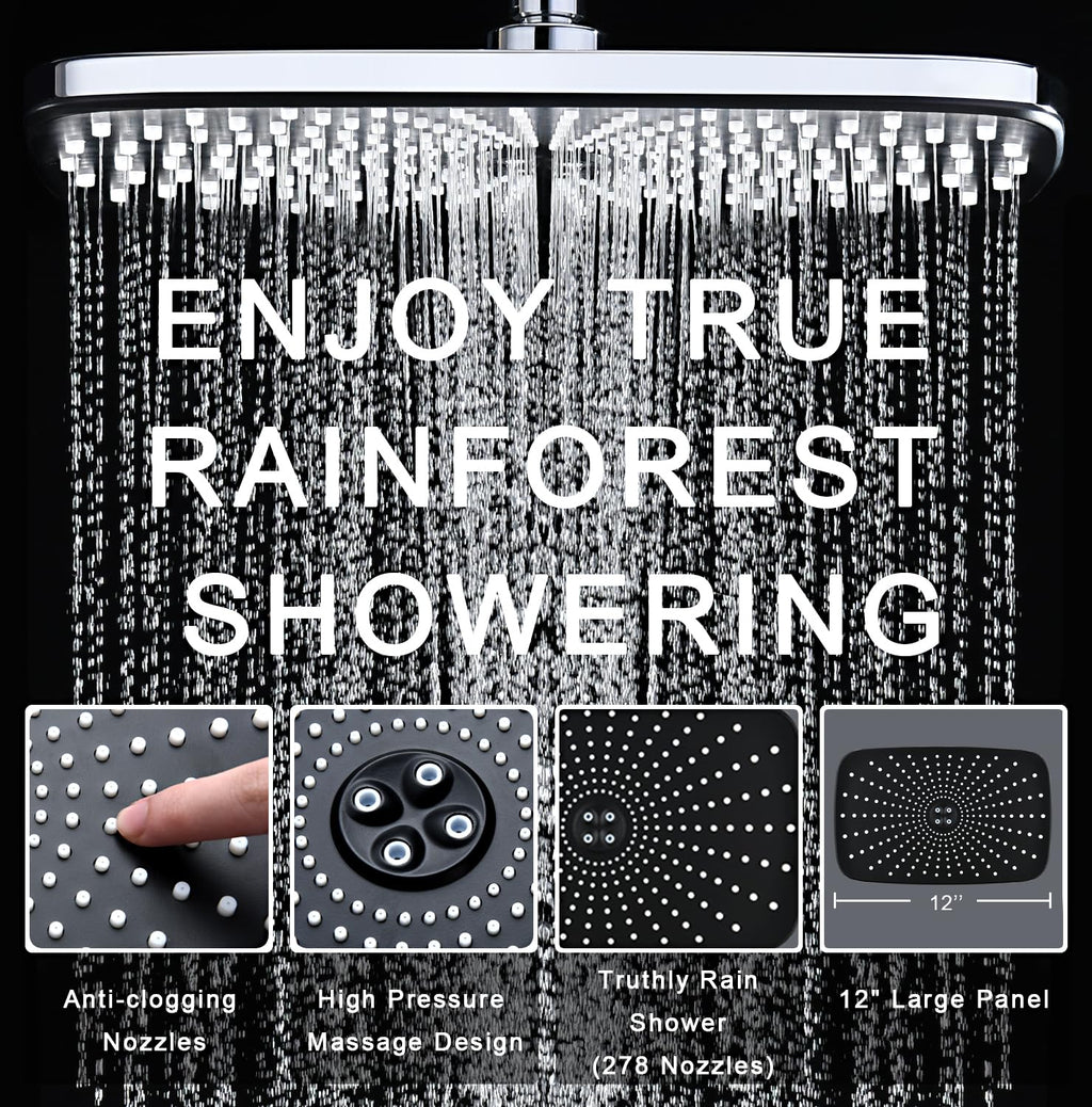 Rain Shower Head with Handheld Showerhead, Chrome 1.8GPM 460311 | 12" High Pressure Rainfall Shower Heads, 9 Sprays Handheld Showerheads, Magnetic Docking, Power Jets, 59" Shower Hose